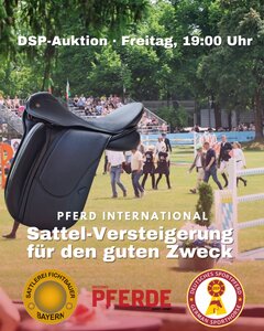 Bieten Sie mit für den guten Zweck und nutzen die Chance Ihren Fichtbauer-Dressursattel zu ersteigern! Auf der DSP-Fohlenauktion der Pferd International - Freitag, 15.05.2026 ab 19:00 Uhr | © Grafik: Bayerns Pferde / Fotos: Dill & Fichtbauer